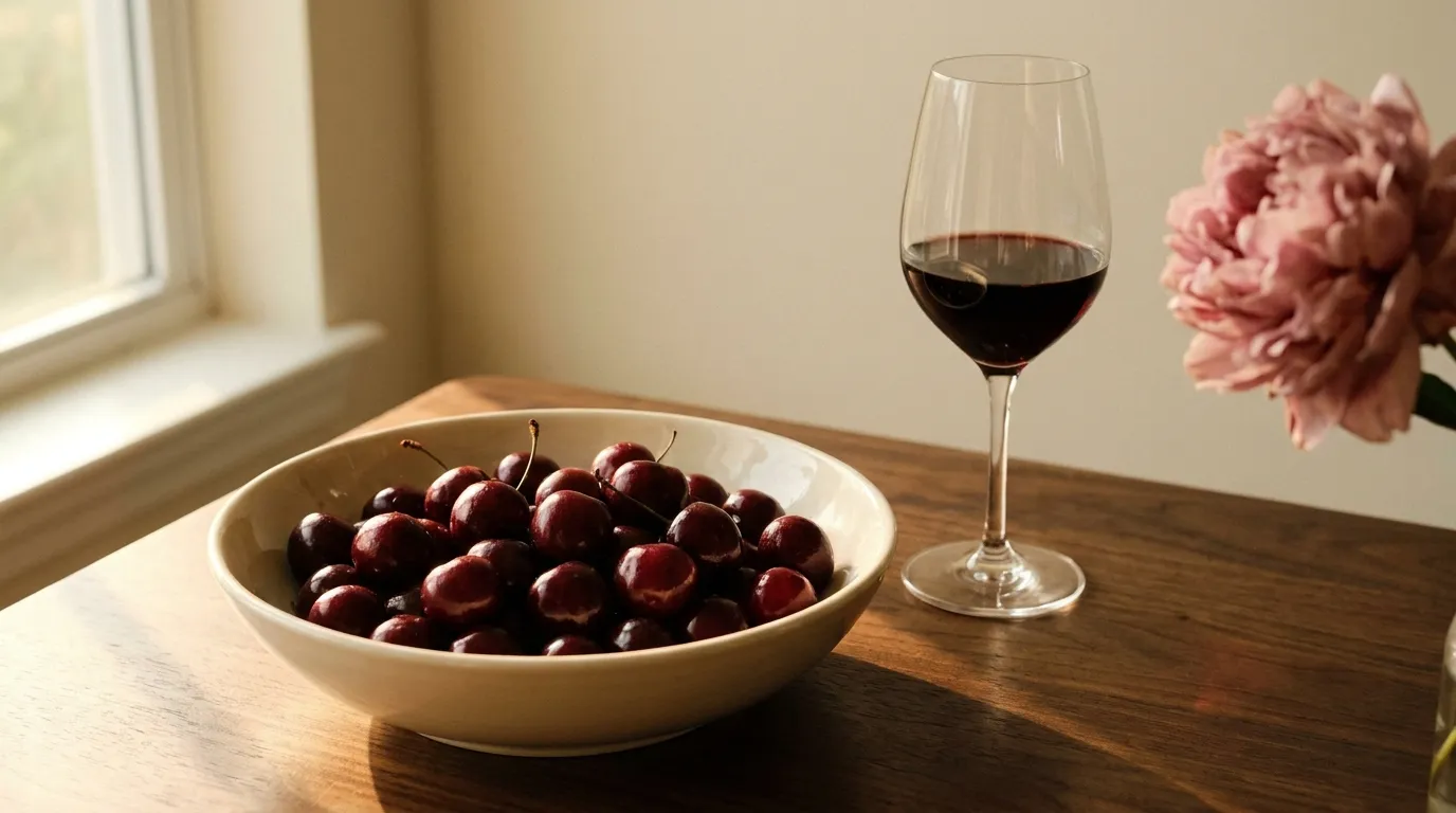 Eine Schale dunkler Kirschen neben einem Glas Rotwein und einer rosa Pfingstrose auf einem Holztisch.