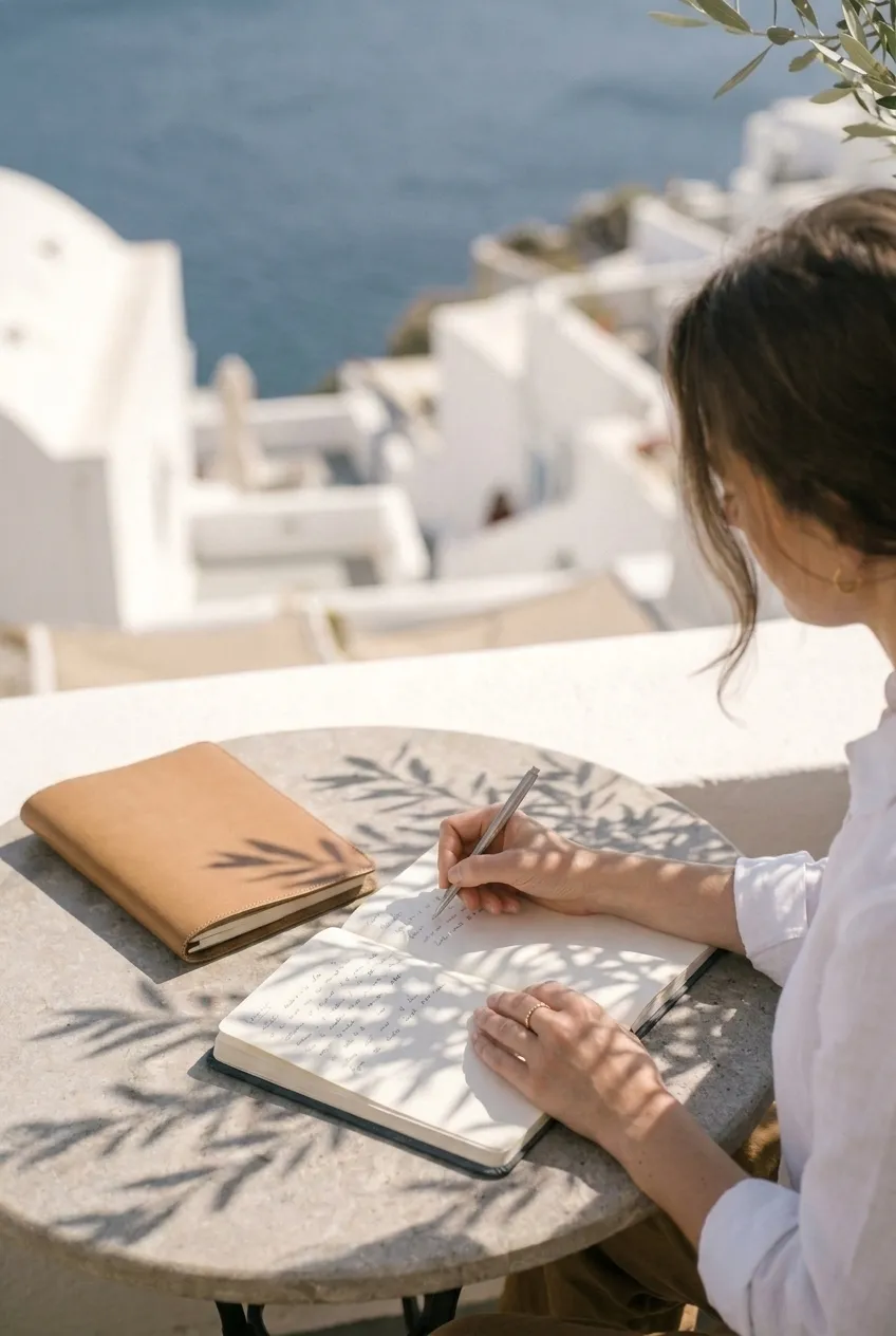 Eine Frau schreibt in ein Notizbuch, auf einer Terrasse über dem Meer, Schatten von Olivenzweigen auf dem Tisch.