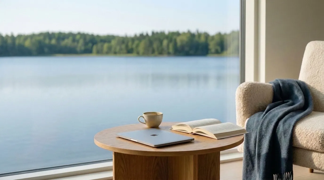 Holztisch mit Laptop, aufgeschlagenem Buch und Kaffeetasse vor einer Fensterfront mit Seeblick.