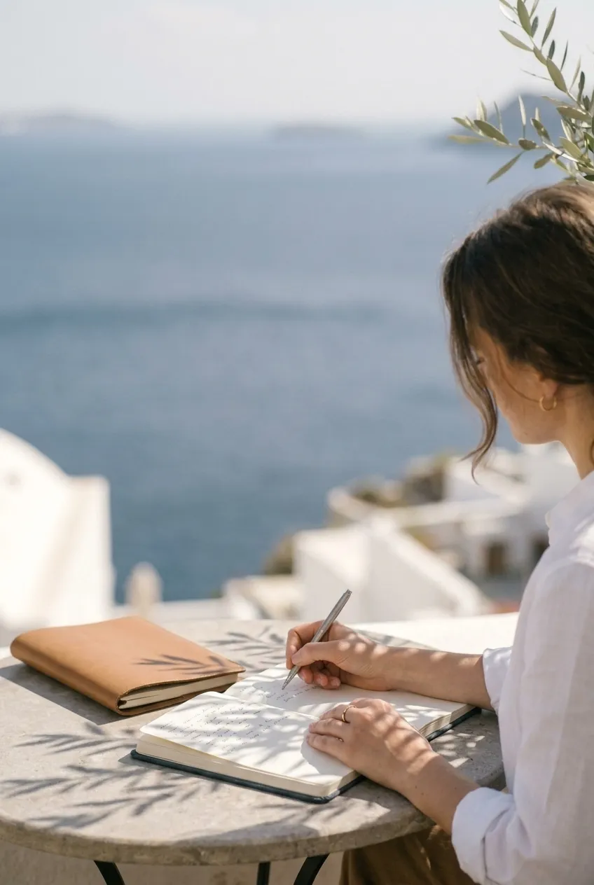 Frau schreibt an einem Tisch mit Meerblick in ein Notizbuch, im Hintergrund weiße Häuser an der Küste