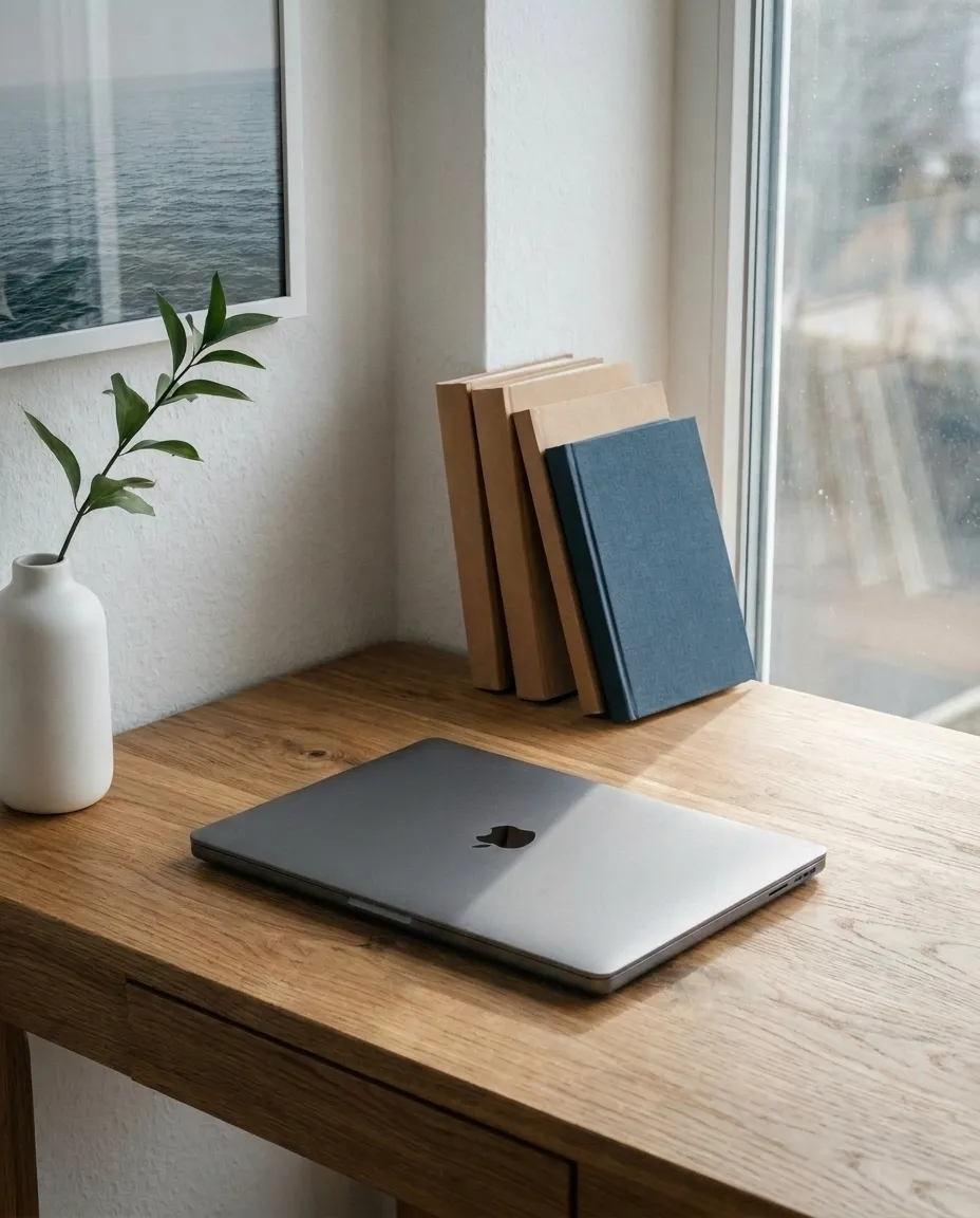 Markenbild: Laptop auf einem Holzschreibtisch am Fenster, daneben Bücher und eine Vase mit einem Zweig, draußen das Meer