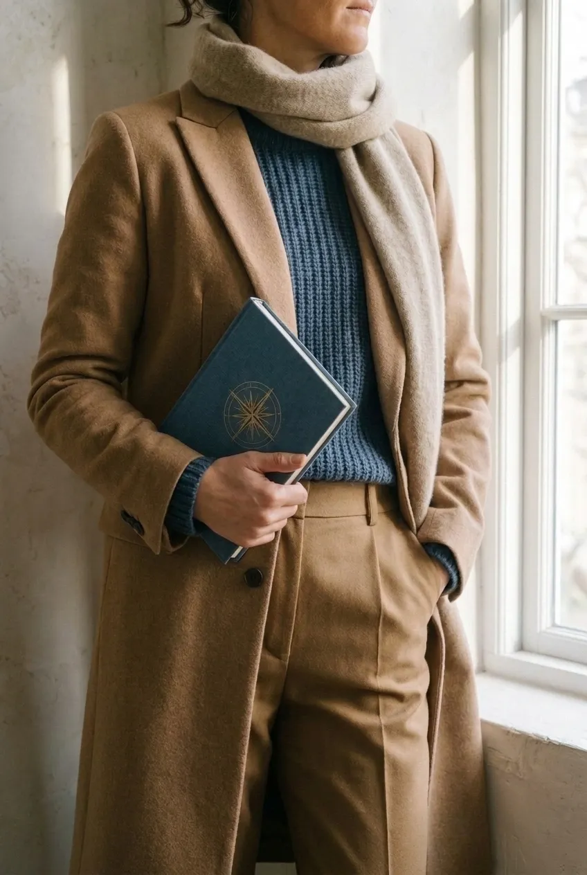 Markenbild: Frau im Kamelmantel am Fenster, unter dem Arm ein blaues Notizbuch mit goldenem Kompass