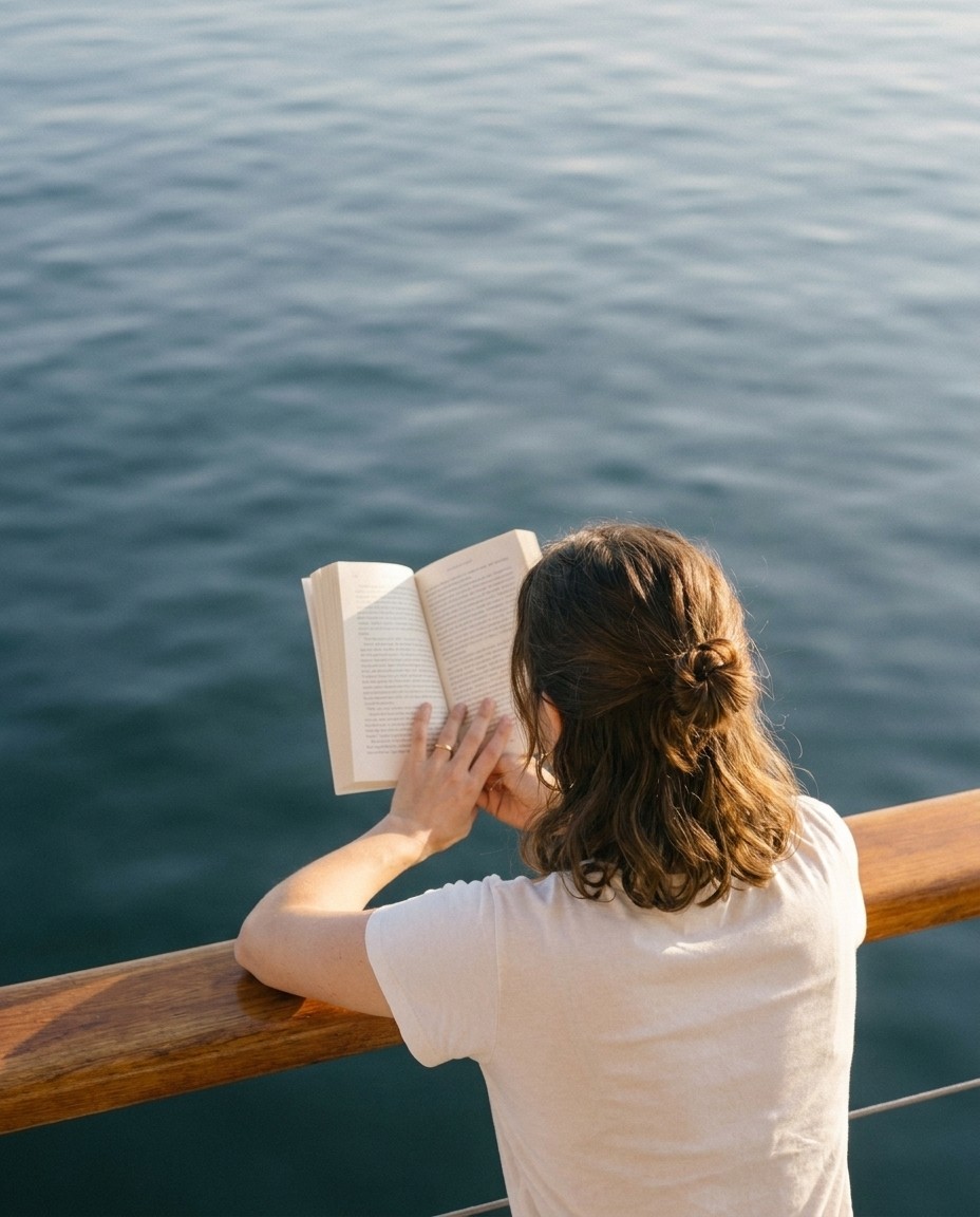Frau in weißem Shirt liest von hinten gesehen ein Buch, an ein Holzgeländer über ruhigem Wasser gelehnt