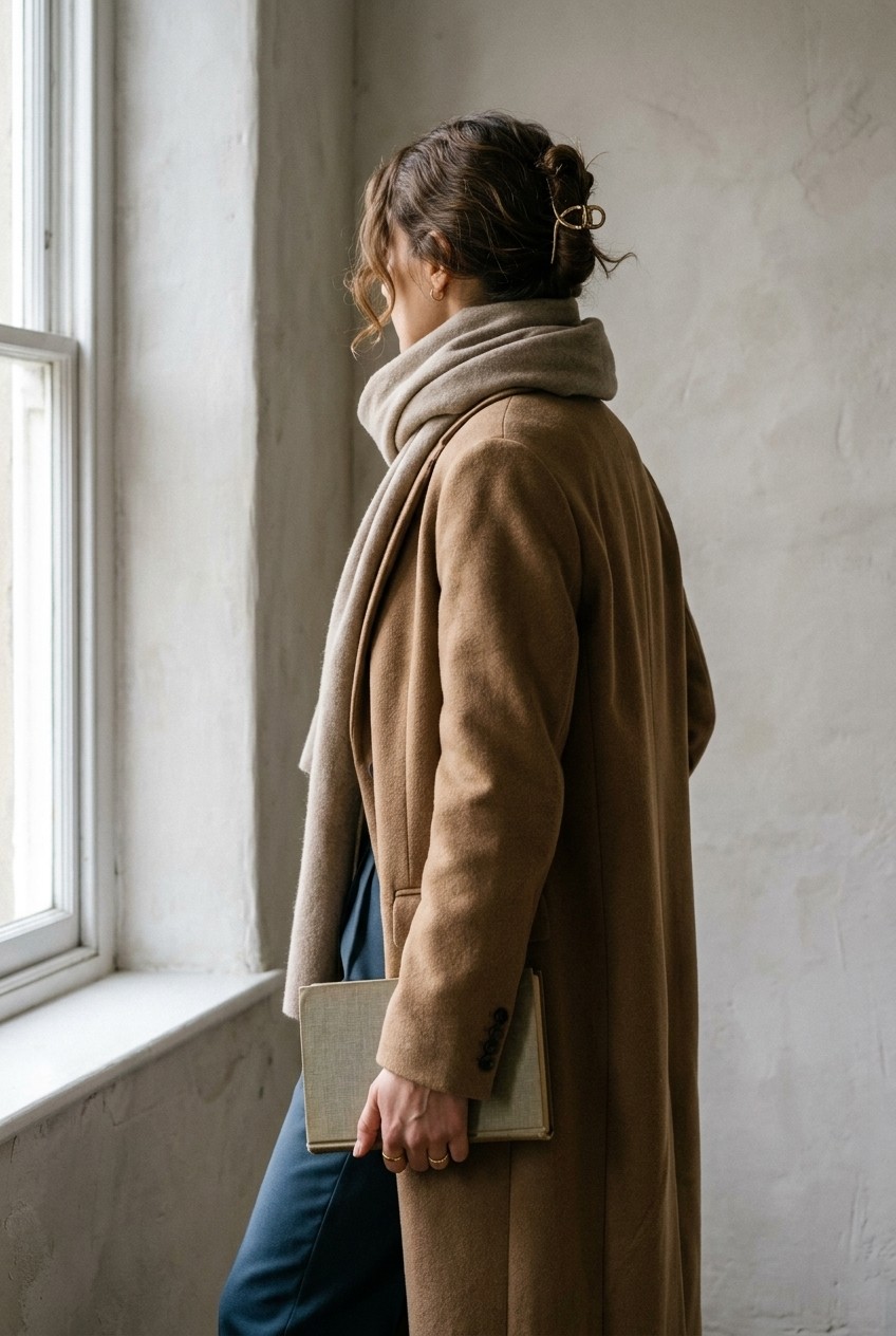 Frau mit hochgestecktem Haar im Kamelmantel steht seitlich an einem hellen Fenster, ein Buch in der Hand